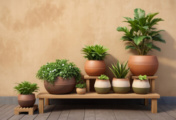 On the tile-decorated table are green planters and earthen jars for planting flowers