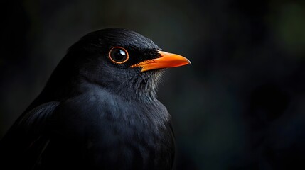 Fototapeta premium Close-up of a Blackbird Perched in Dark Shadows with Striking Orange Beak and Intense Eye Detail
