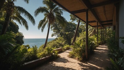 A serene pathway surrounded by lush greenery and ocean views.
