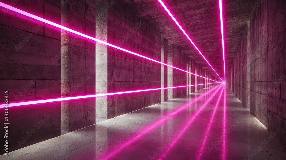 Poster pink neon lights in a concrete tunnel abstract futuristic architecture