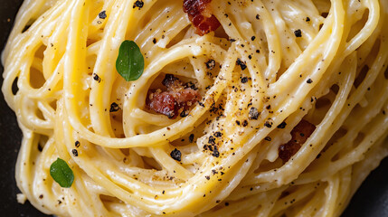 A macro shot of spaghetti carbonara, close-up texture, top view