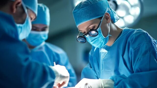 Two surgeons in the operating room, dressed in blue surgical gowns, caps and masks, are working on the patient.
