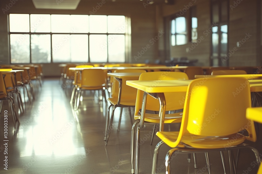 Poster empty cafeteria with yellow tables and chairs, sunlight streaming through large windows.