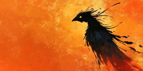 An abstract illustration of a black bird against an orange backdrop