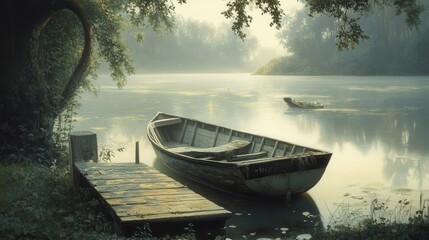 Serene Boat on Reflective Water in Peaceful Setting