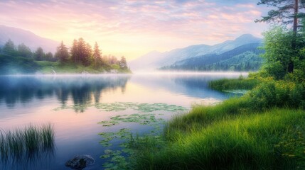 Serene Dawn Lake Landscape with Soft Mist and Light