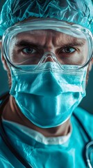 Closeup Portrait of a Serious Male Doctor Wearing Protective Gear in Uniform with Intense Expression