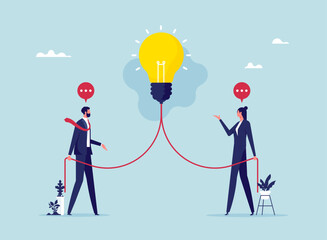 Brainstorm and come up with solution concept, communicate idea in business, businessman and woman coworker talking speech bubble with lightbulb idea