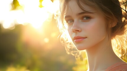 Fototapeta premium Close-Up Portrait of a Young Woman Bathed in Sunlight with a Soft Smile and Natural Background