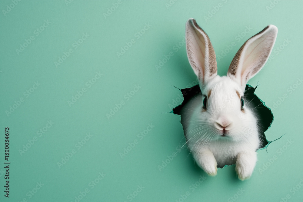 Poster rabbit is peeking out of a hole in a green background. the rabbit is looking at the camera, and the 