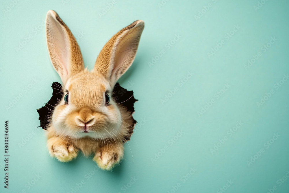 Poster rabbit is peeking out from a hole in a wall. the rabbit is looking at the camera with a curious expr