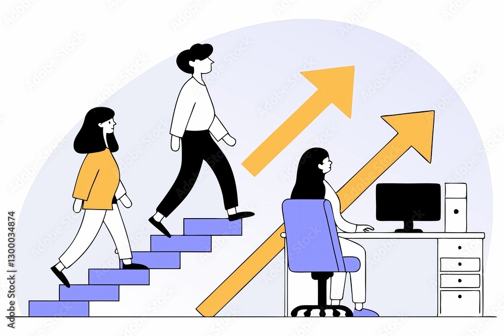 Poster a graphic illustration showing two individuals ascending stairs while a third person works at a comp