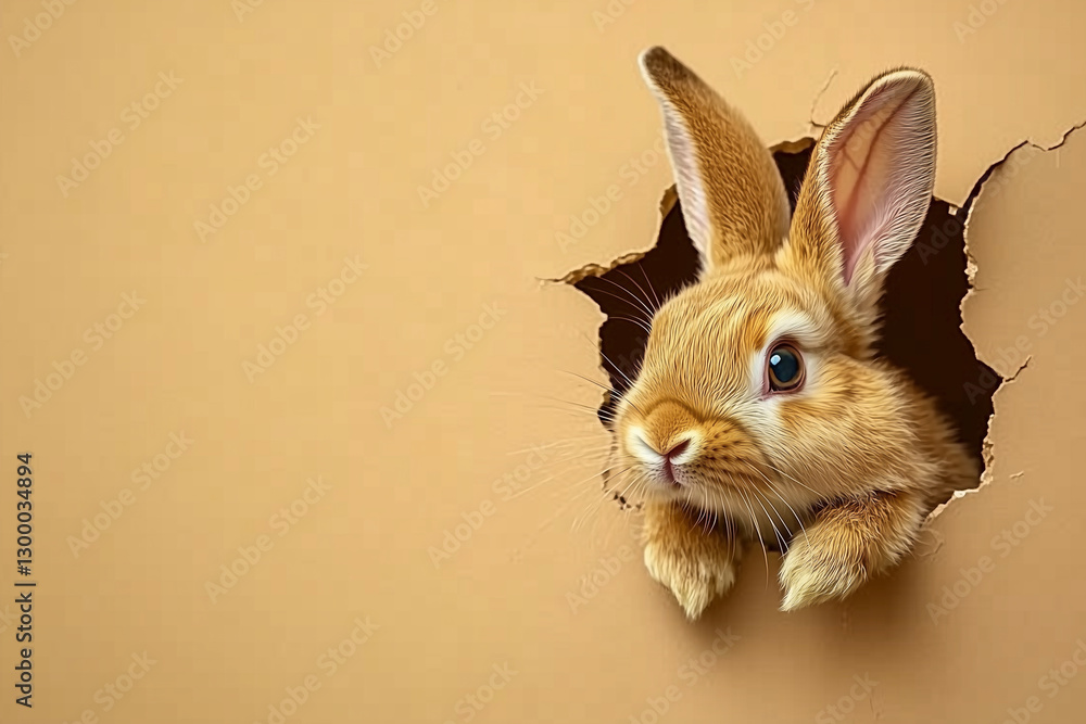 Poster rabbit is peeking out of a hole in a wall. the rabbit is looking at the camera with a curious expres