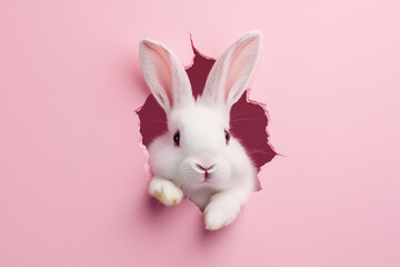 Fototapeta premium white rabbit is peeking out of a hole in a pink background. The rabbit is curious and playful, as it looks out of the hole and looks back at the viewer. The pink background adds a sense of whimsy