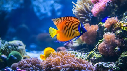 Colorful Fish Swimming Gracefully in a Vibrant Coral Reef Aquarium Under a Serene Underwater Environment