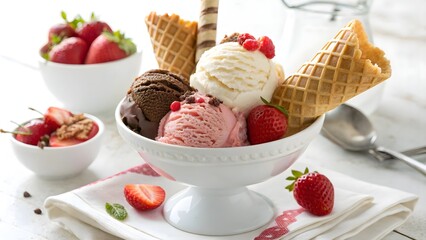 Assorted ice cream scoops with berries, Refreshing raspberry sorbetto with mint and lemon on a table
