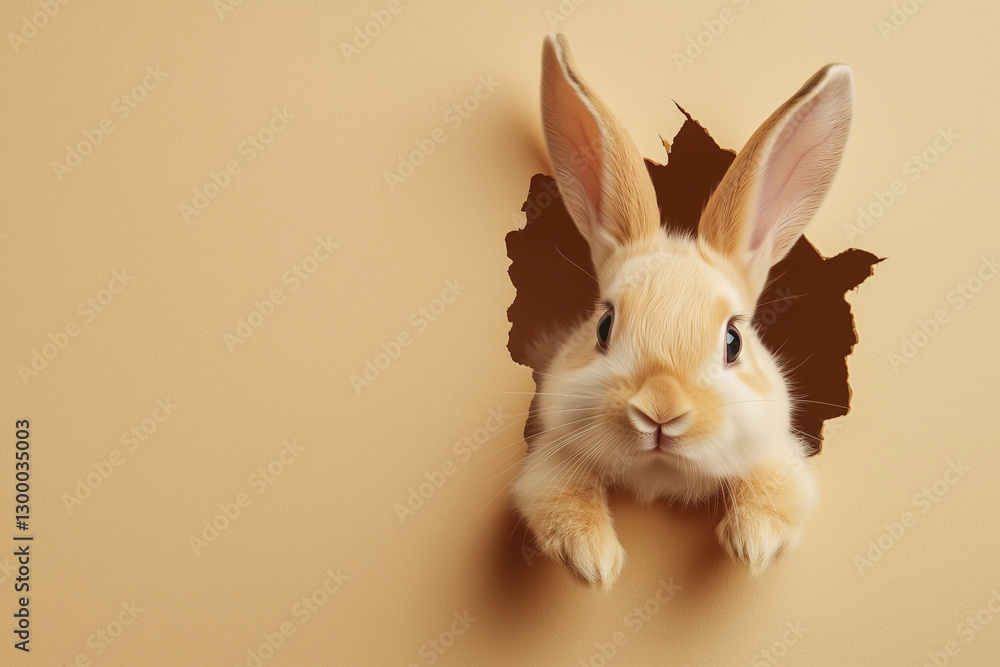 Aufkleber rabbit is peeking out of a hole in a wall. the rabbit is looking at the camera and he is curious abo