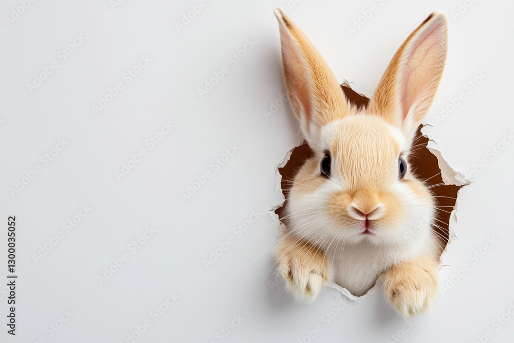 Poster rabbit is peeking out of a hole in a wall. the rabbit is looking at the camera and he is curious abo