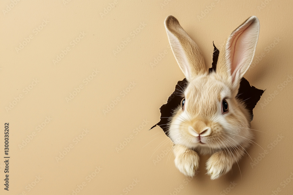Poster rabbit is peeking out from a hole in a wall. the rabbit is looking at the camera and he is curious a