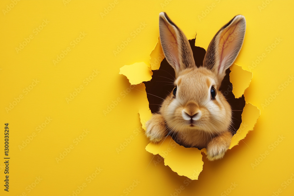 Poster rabbit is peeking out of a hole in a yellow background. the rabbit is looking at the camera and he i