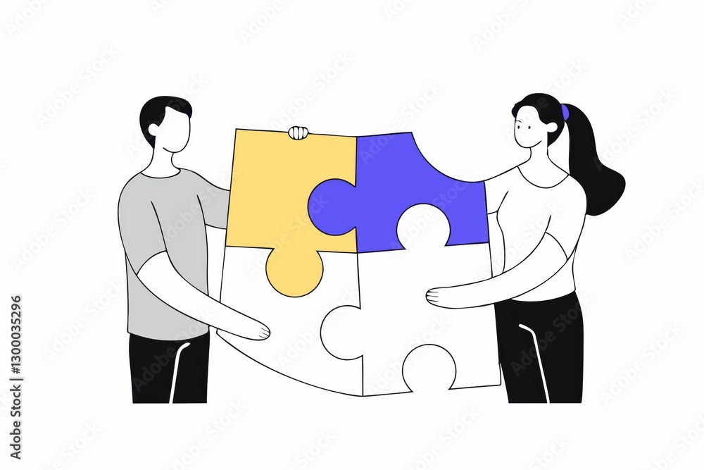 Poster two individuals collaboratively connecting puzzle pieces, symbolizing teamwork and problem-solving i
