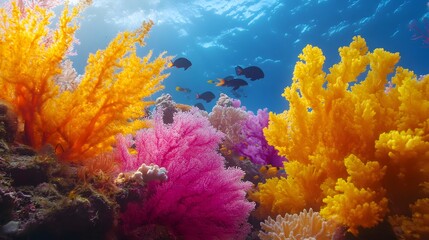Naklejka premium Vivid Underwater Coral Reef Scene with Colorful Soft Corals and Tropical Fish in Clear Ocean Water