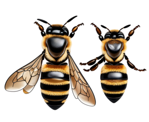 Two large buzzing bees with intricate patterns and realistic textures, highly detailed PNG set with sharp focus and lifelike appearance