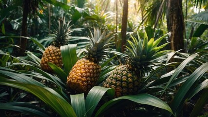 Obraz premium Three ripe pineapples surrounded by lush green foliage in a tropical forest.