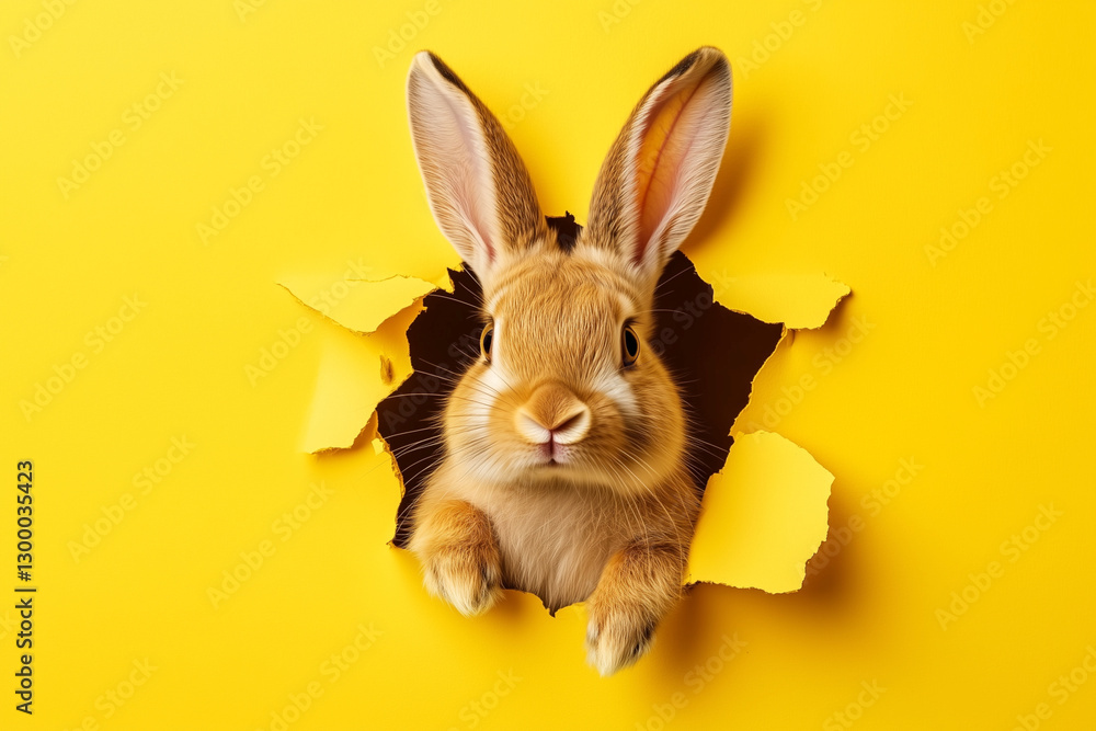 Poster rabbit is peeking out of a hole in a yellow background. the rabbit is looking at the camera, and the