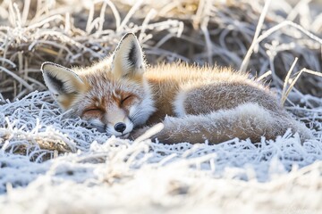 Obraz premium A red fox kit sleeps peacefully amidst frosty grass in a sunlit winter scene.