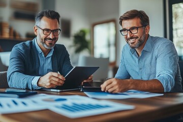 Obraz premium An estate agent sits at a desk in a modern office with a client, showing charts and graphs on a tablet. Generative AI