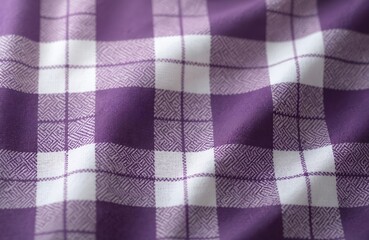 Close-up of purple, white plaid fabric texture. Chequered clothes textile pattern. Geometry material design grid surface. Decorative seamless repeat stylish linen cotton. Violet color. Blank