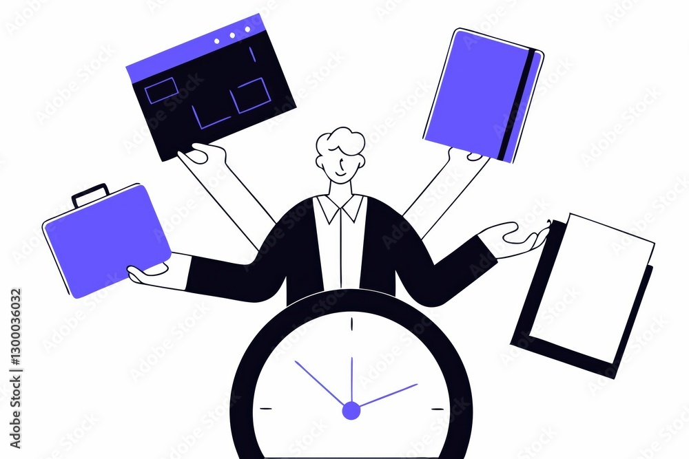 Poster a person with multiple arms manages various tasks, holding a clock and different work items, symboli