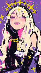 Vintage Manga Style Blonde Woman with Starry Hairstyle and Golden Bracelets on Purple Background, Kawaii Anime Idol Concept