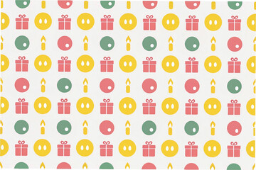 Seamless pattern with gifts, candles, and buttons in pastel colors.