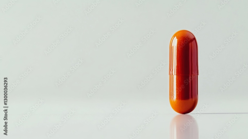 Poster A single orange pill rests on a clean white surface, illuminated by soft lighting that accentuates its texture and glossy finish, creating a minimalist aesthetic