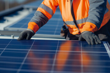 Fototapeta premium man in an orange jacket is working on a solar panel. Concept of hard work and dedication to the task at hand