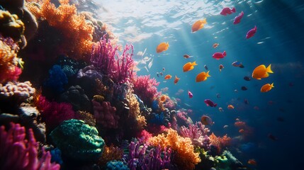 Naklejka premium Vibrant Underwater Coral Reef Scene with Tropical Fish Captured in Stunning Ultra HD Realism