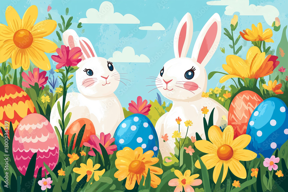 Poster two rabbits are standing in a field of flowers and eggs. the rabbits are looking at the camera and a