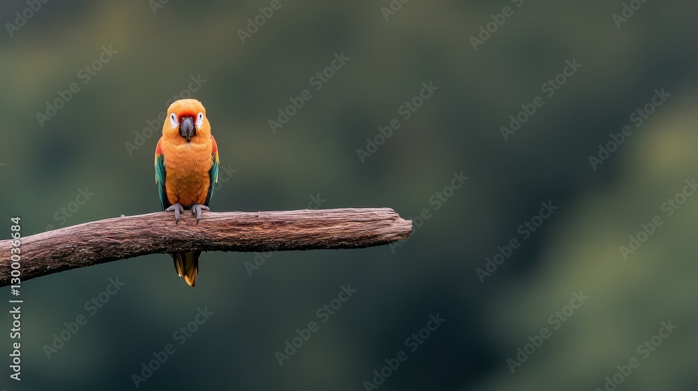 Poster scarlet macaw sits gracefully on a natural wooden branch, watching directly at the camera surrounded