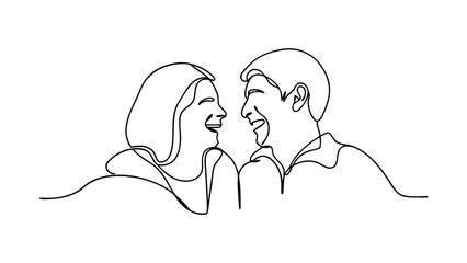 A minimalist line drawing depicts a happy couple facing each other, smiling and laughing. Their joy and connection are clearly expressed in the single continuous line art style.