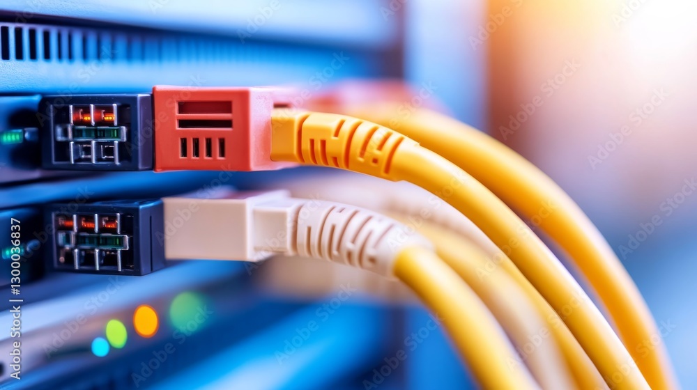 Poster Detailed view of a single server rack in a data center highlighting organized cables, blinking lights, and a high-tech atmosphere with ample copy space