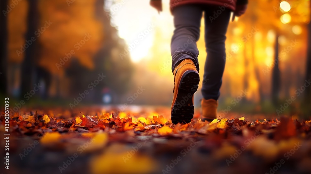 Poster A single boot steps through vibrant orange and yellow leaves on a forest path illuminated by soft sunlight, creating a peaceful autumn atmosphere