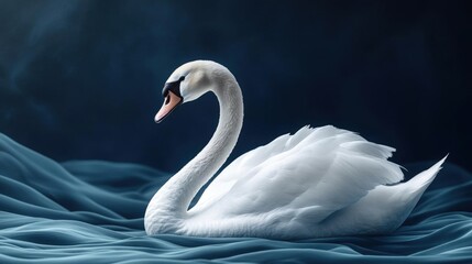 Elegant White Swan On Dark Blue Water