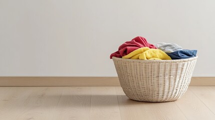 A fabric laundry basket with a simple design, filled with colorful clothes, placed on a light wooden floor with plenty of space around for branding.
