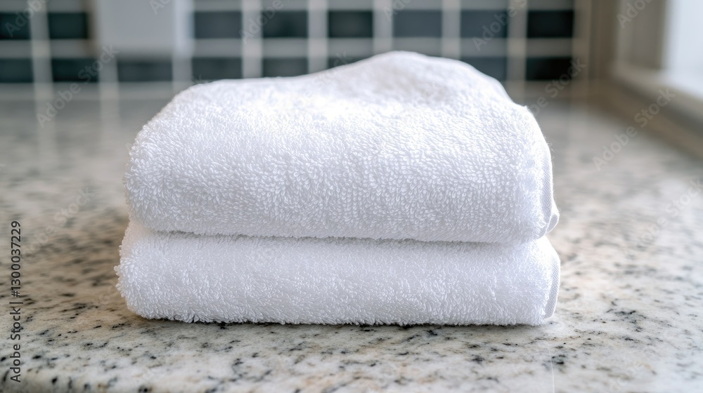 Poster a folded towel with a plush texture placed neatly on a bathroom counter, offering ample space around