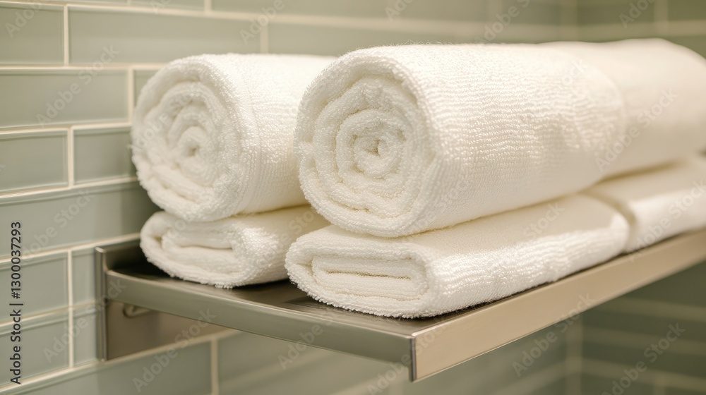 Poster a fresh, rolled towel with a subtle pattern, placed in a neat row on a bathroom shelf, offering ampl