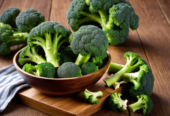 Close-up of bowl with fresh broccoli wooden background Romania