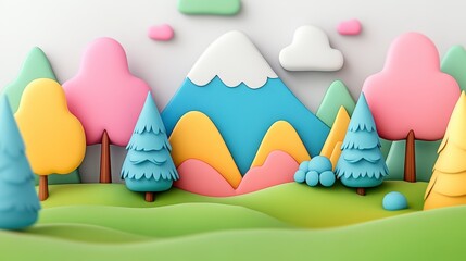 Pastel Colorful 3d Landscape Scene With Mountains And Trees