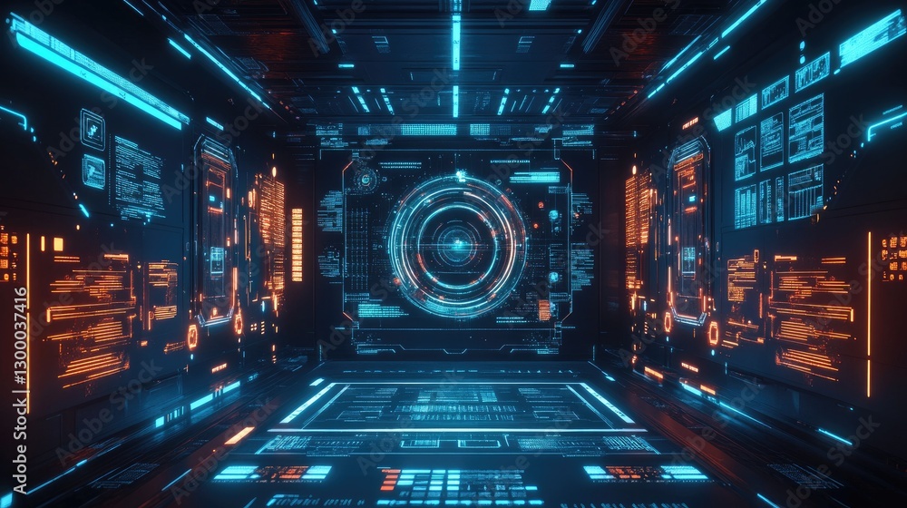 Poster a futuristic display with augmented reality icons, floating holograms, and clean space around it for
